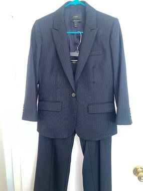 J. Crew Navy Blue Pinstriped Pant Suit Wool Super 120s 3/4 Sleeve 4 4P